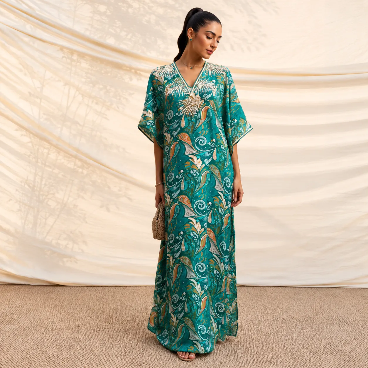 Teal Printed Long Kaftan with Relaxed Fit